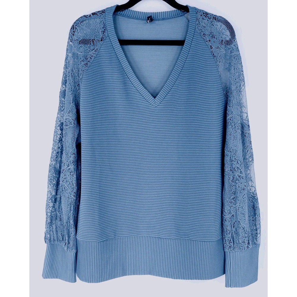 Trendy Queen Pullover V-neck Top Wmns Sz Large Lace‎ Sleeves Slate Blue
